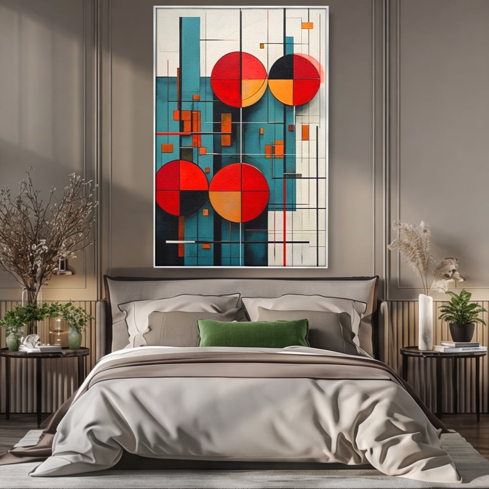 Tablou canvas cu tablou canvas cu cercuri geometrice, in rama de aluminiu argintiu, pe perete intr-un dormitor